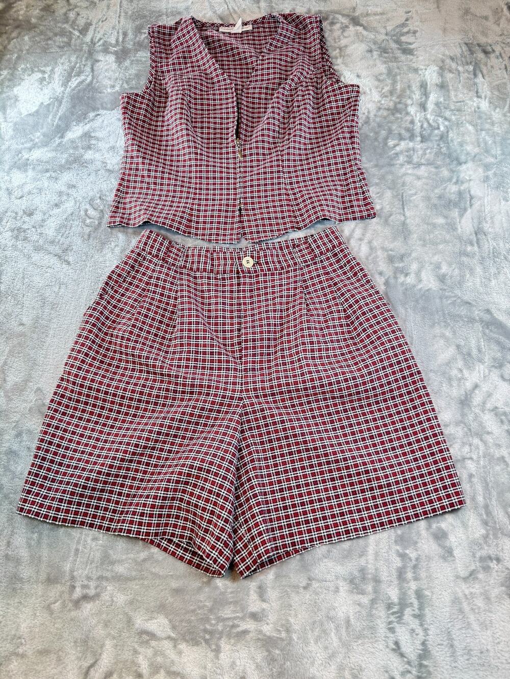 Vintage Fundamental Things Petites 90s Plaid 2 Piece Short Set Vest Size 10